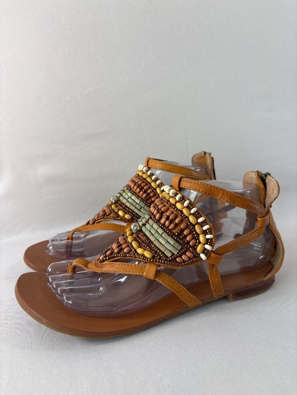 Nine West Vintage America Collection Beaded Thong Sandals Tan Leather Size 7M
